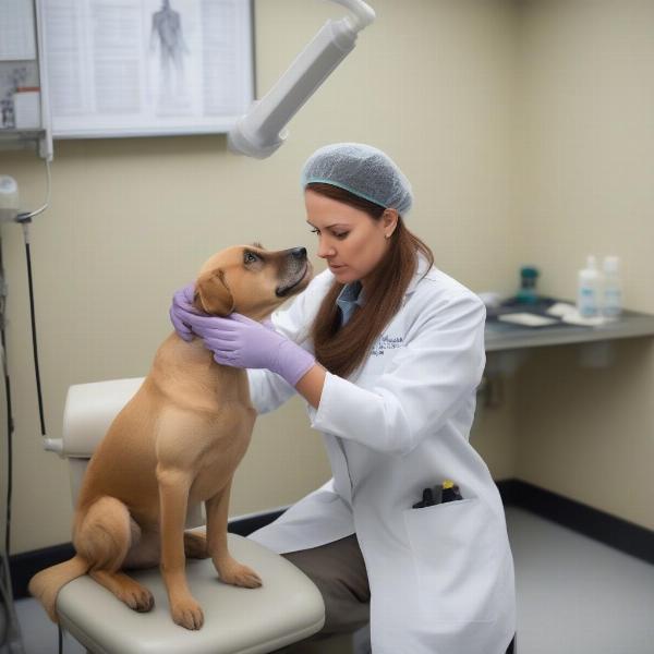 Veterinarian examining dog's butt