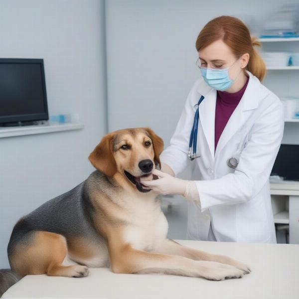 A vet examining a female dog