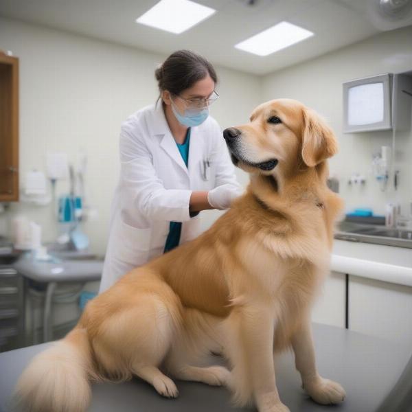 Veterinarian examining a Golden Retriever