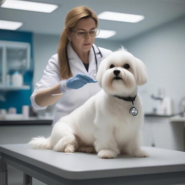 Veterinarian examining a small dog