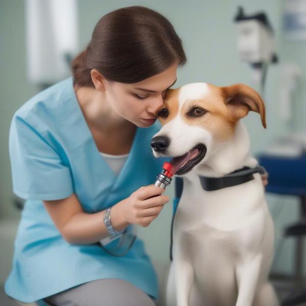 Veterinarian using an otoscope to diagnose a dog's ear infection