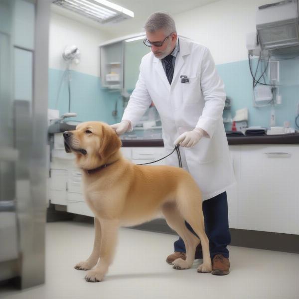 Dog being examined in a veterinary clinic