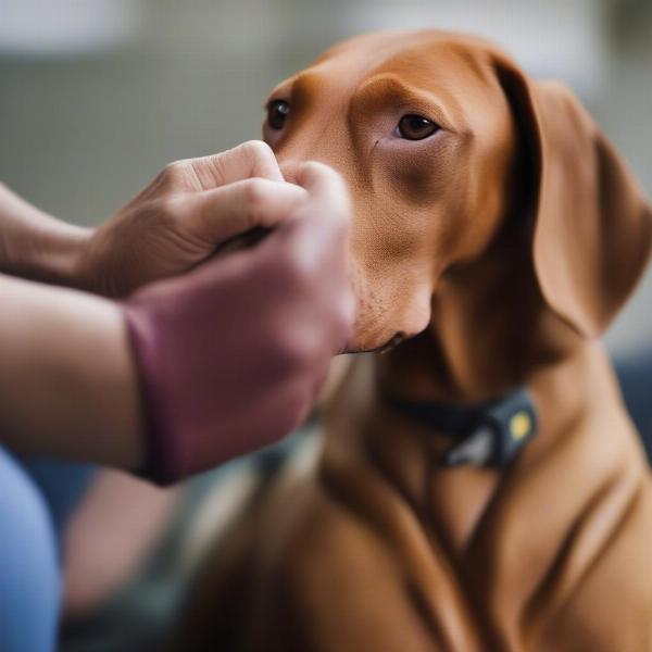 Vizsla being petted by a volunteer