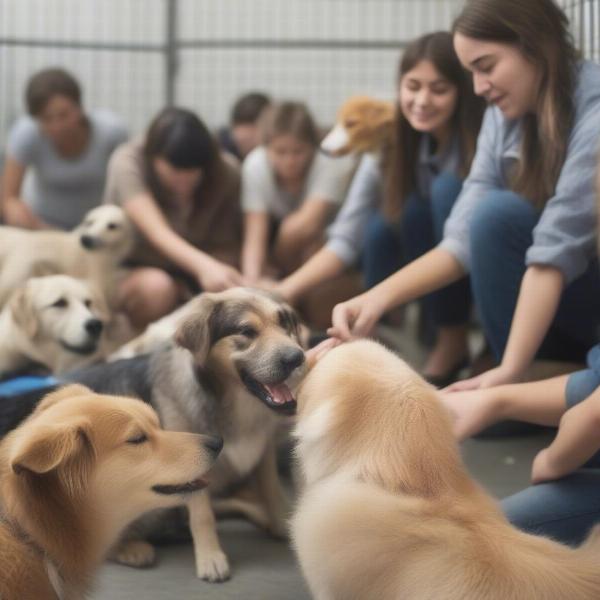 Volunteers caring for dogs in an animal shelter