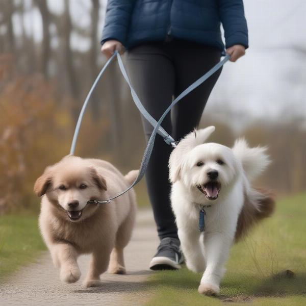 A person walking two dogs on a tandem leash, demonstrating proper handling technique.