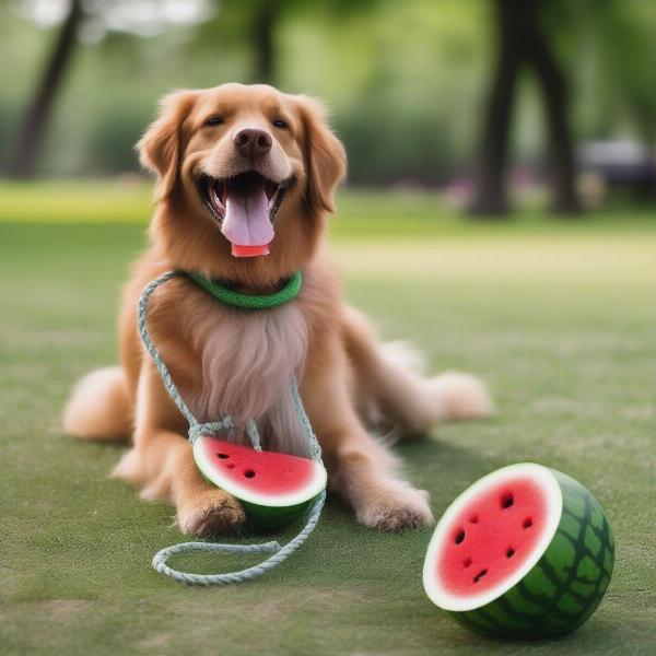 Dog Playing with Watermelon Toy