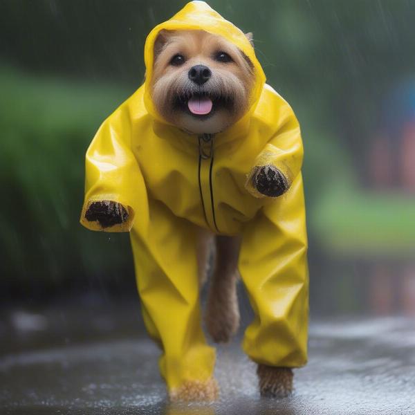 Waterproof dog overalls in the rain