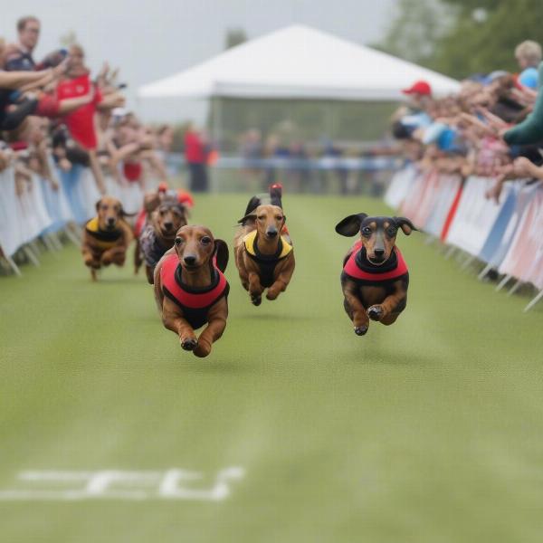 Weiner dogs racing on a track