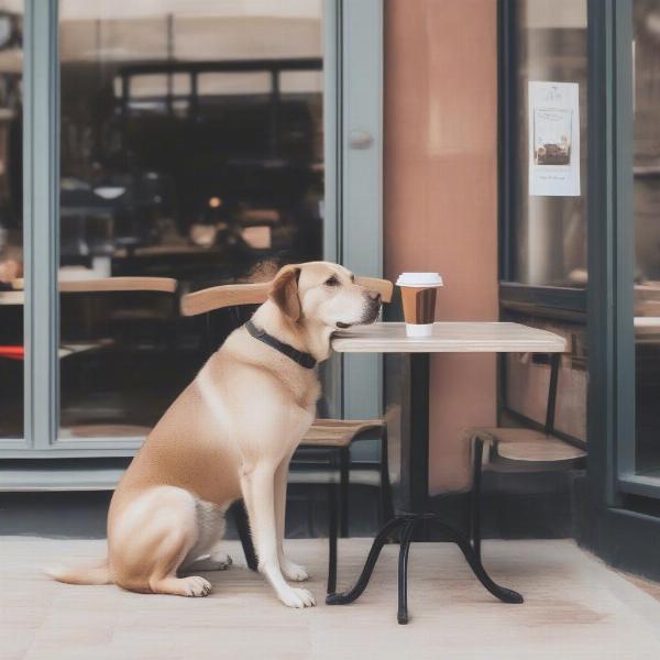 A well-behaved dog sitting calmly next to its owner at a cafe.