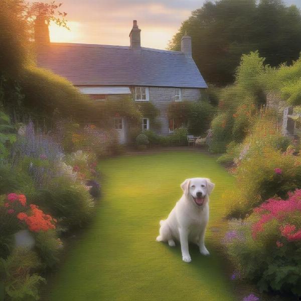 Dog-friendly cottage garden in West Wales with a dog playing fetch