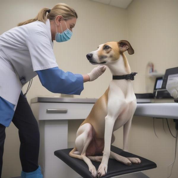 Whippet Lab mix dog at the vet clinic