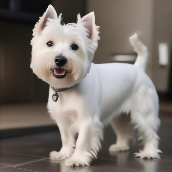 A white dog after being bathed