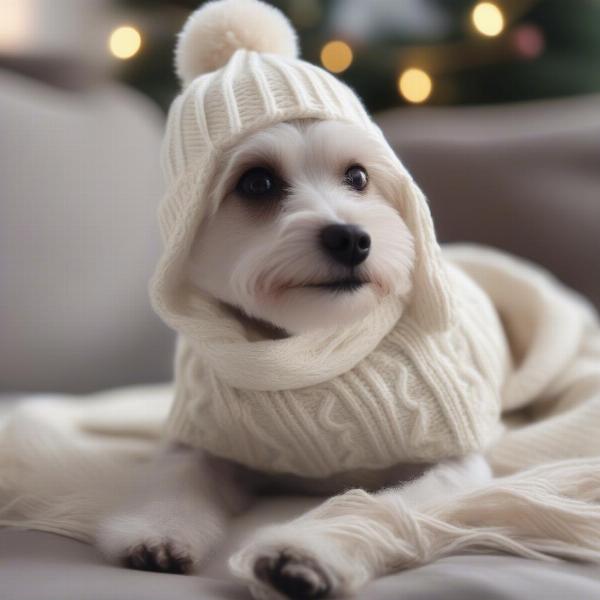 A dog wearing a white sweater with accessories