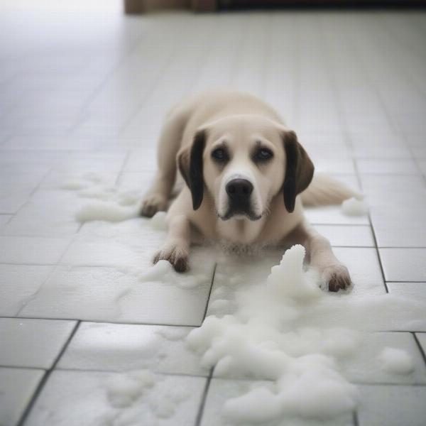 A dog vomiting white foam