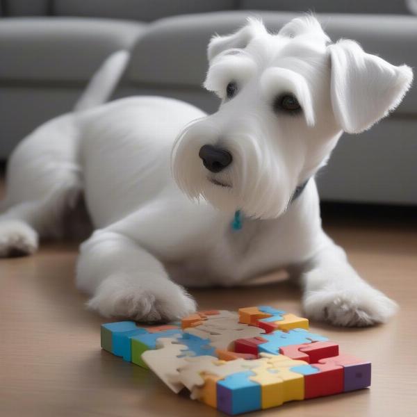 White miniature schnauzer playing with toy