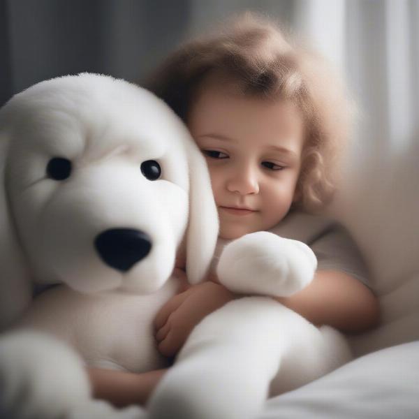 Child Comforted by White Plush Dog