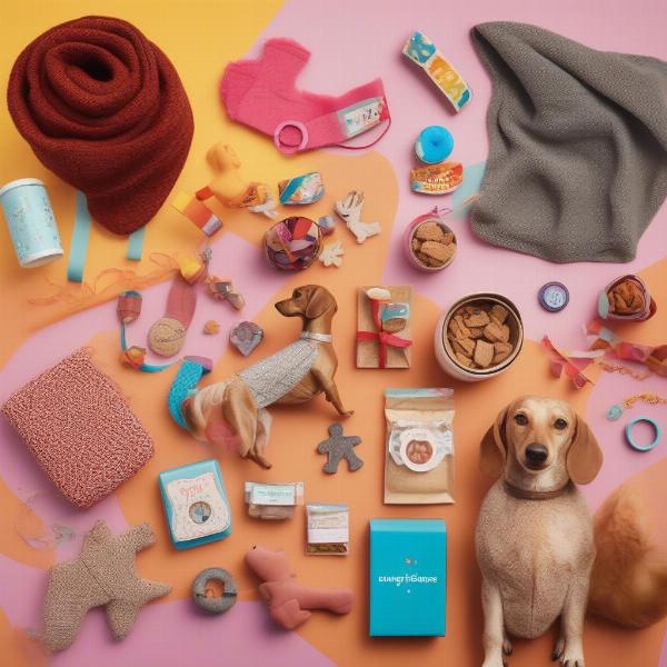 An assortment of wiener dog birthday gifts, including toys, treats, and a new collar.