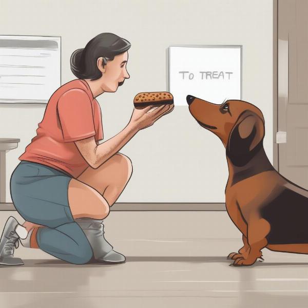 A dachshund receiving a treat during training, with a happy and focused expression.