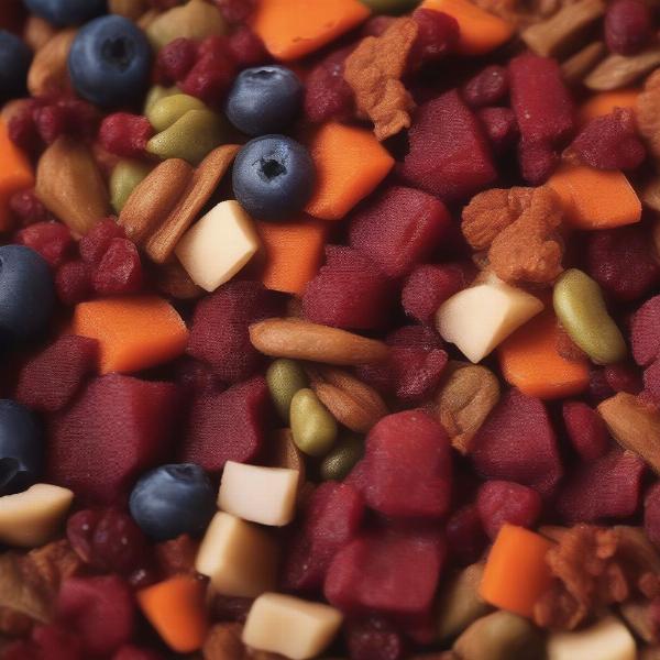 Wild Red dog food ingredients: Fresh meat, vegetables, and fruits.