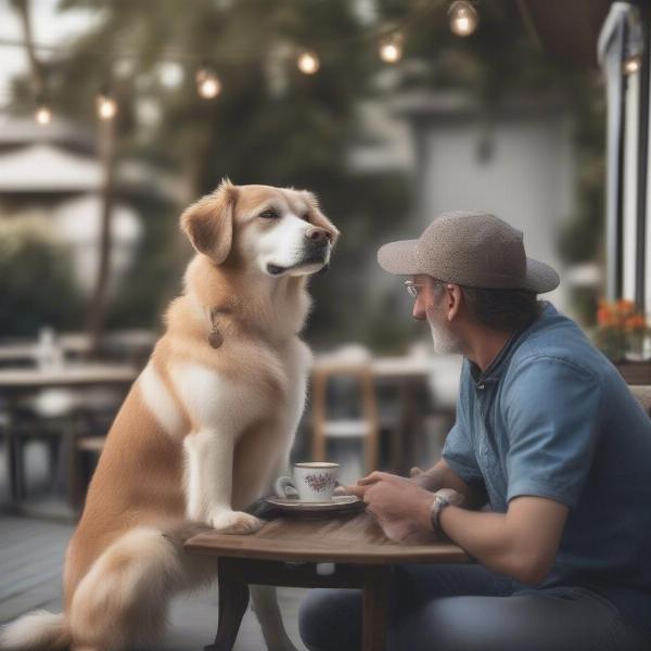 Dog sitting with its owner at a dog-friendly patio in Winston-Salem