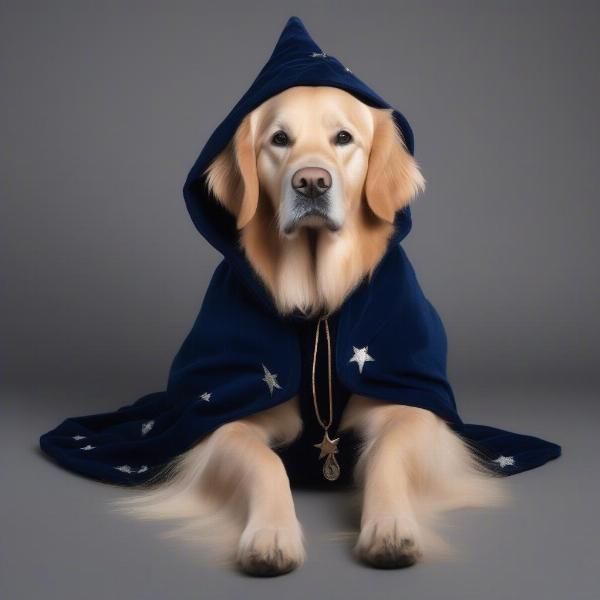 Dog wearing a wizard robe