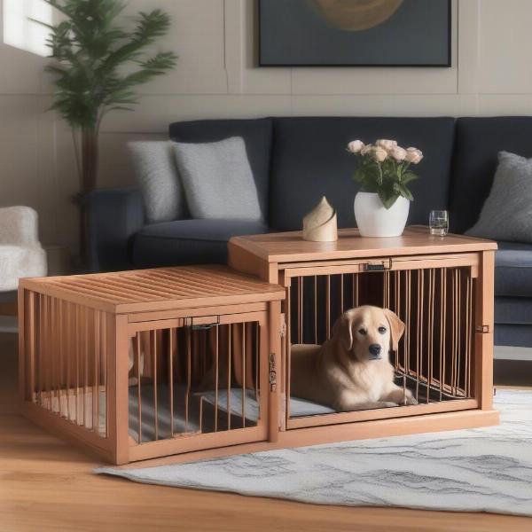 Wooden dog crate seamlessly blending into a modern living room