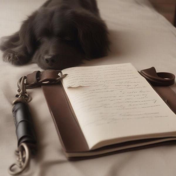 Person writing in a journal with a pen, a dog collar resting nearby