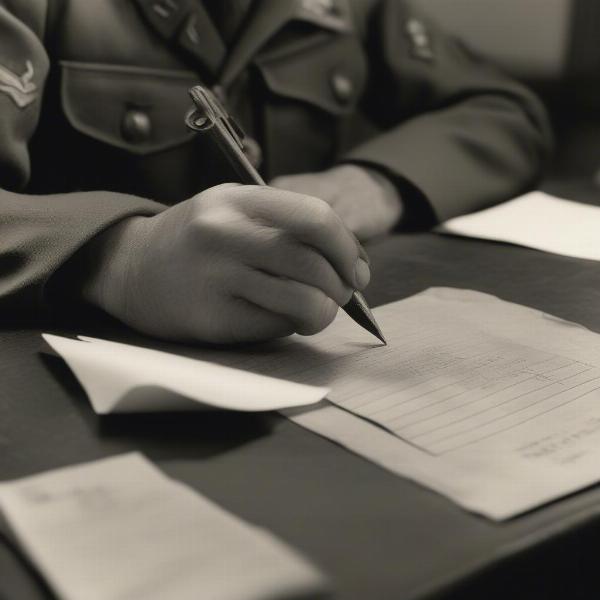 WWII soldier carefully writing information on a dog tag using carbon paper