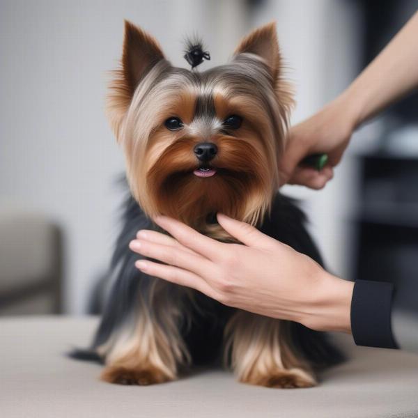 Yorkie Being Brushed at Home