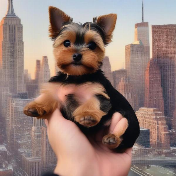 Yorkie rescue dog being held in the arms of a new owner in New York