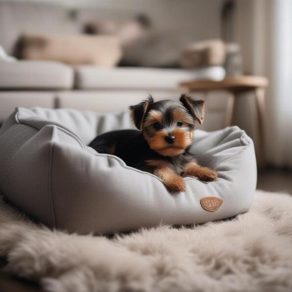 Yorkshire Terrier puppy sleeping in a dog bed in the corner of a living room.