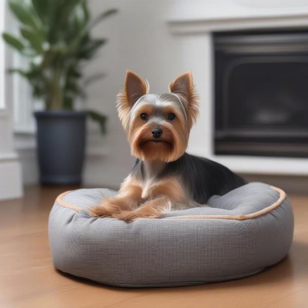 A Yorkshire Terrier settling into its new home, curled up on a dog bed.