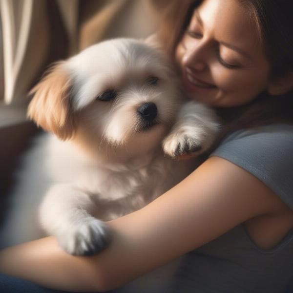 A Dog Named Kitty Cuddling with Owner