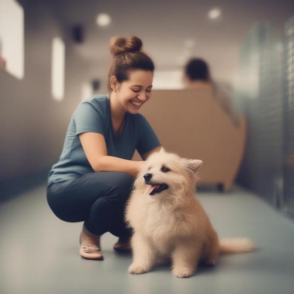 A person adopting a small dog from a shelter