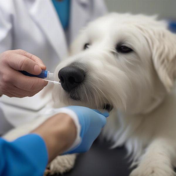 Adult dog getting a spectra vaccine booster shot