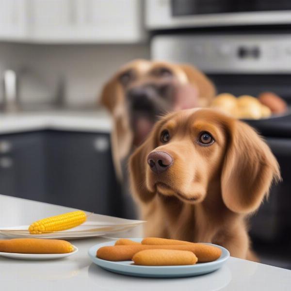 Dog looking intently at air fryer corn dogs