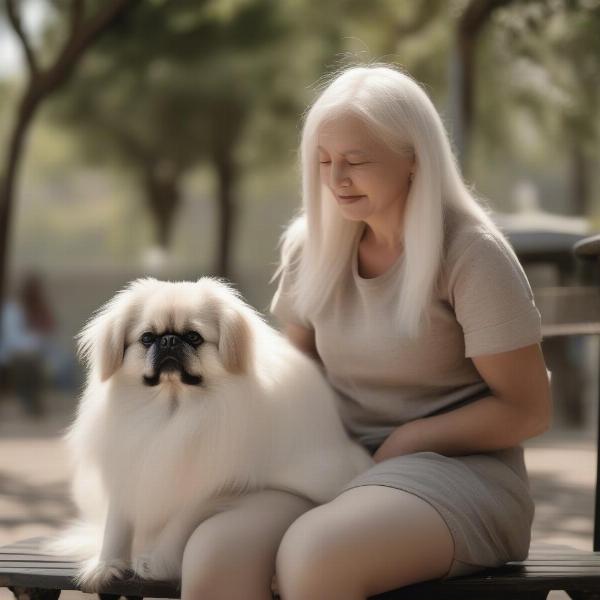 Albino Pekingese with Owner