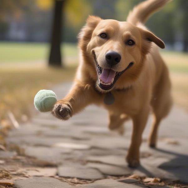 A neutered dog playing fetch in the park