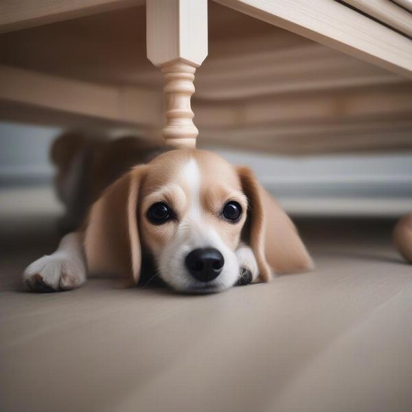 Anxious dog hiding under table