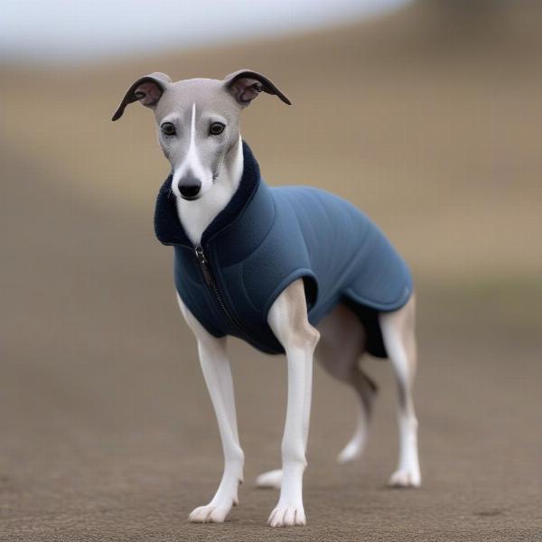 Whippet wearing a fleece jacket