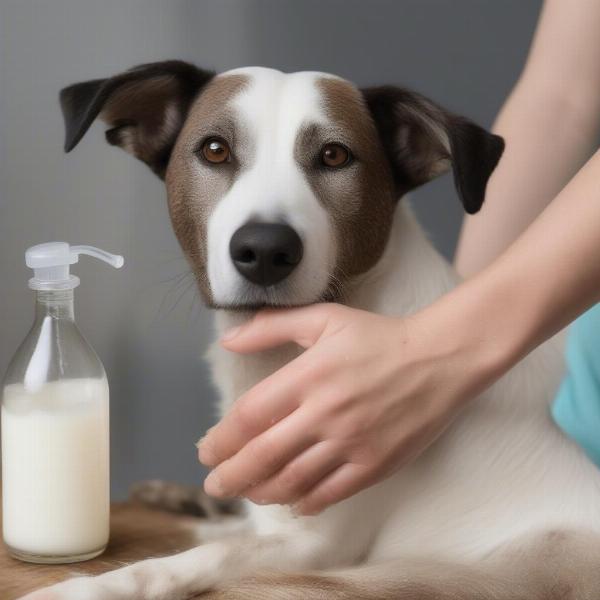 Applying coconut oil to a dog's dry skin