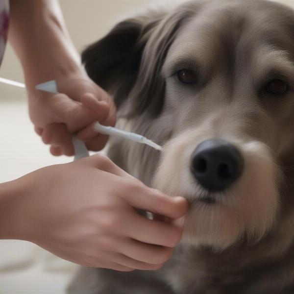 Applying topical flea treatment to a dog