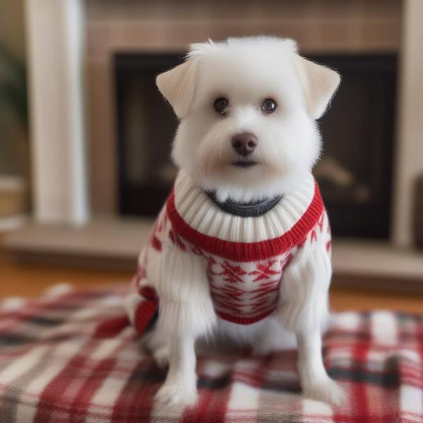 Small dog wearing a red and white argyle sweater