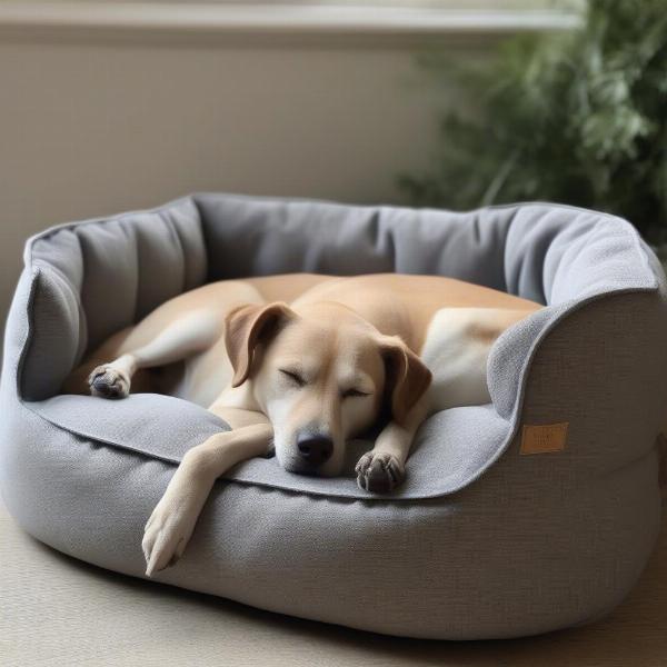 A happy dog sleeping soundly in a Baker & Bray dog bed