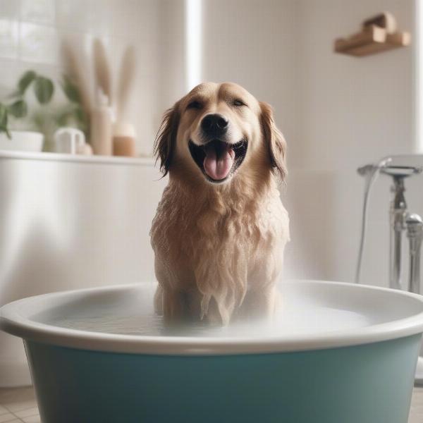 Bathing a happy dog in a tub