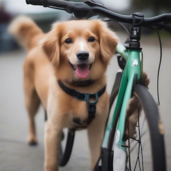 Dog attached to a bike with a leash