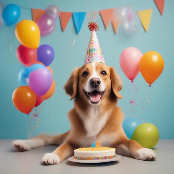 A dog celebrating its birthday with a party hat and treats