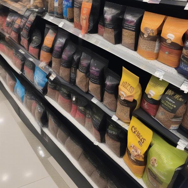 Black dog food packaging on a shelf