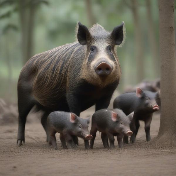 Boar in Defensive Posture with Piglets