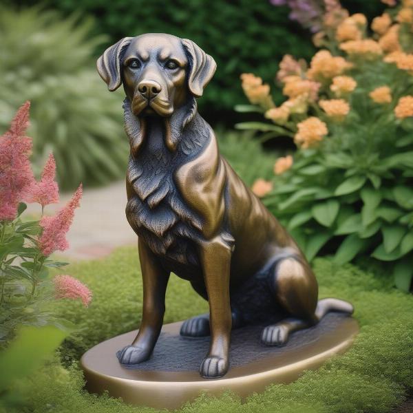 Bronze dog statue in a garden setting